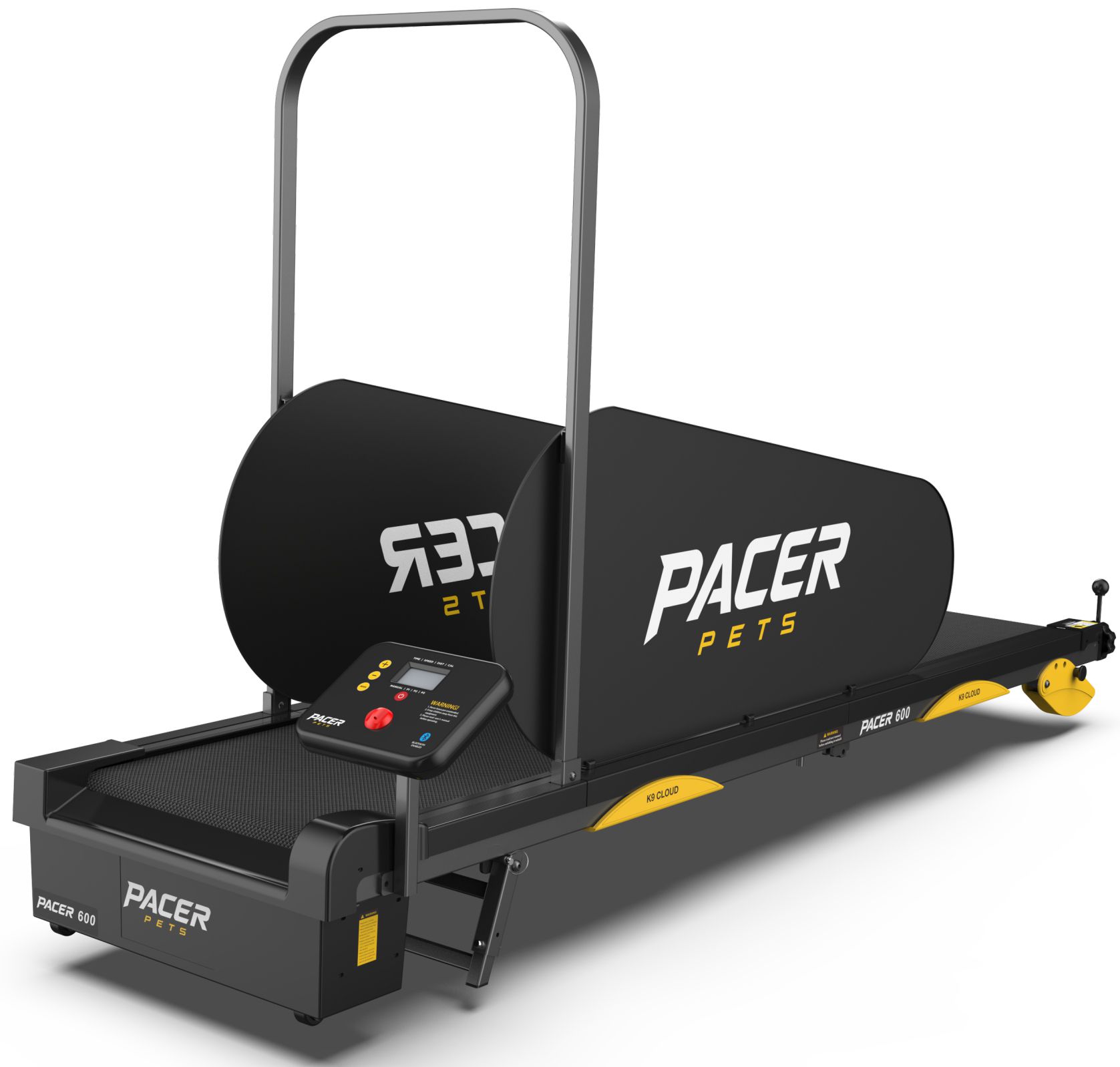 PACER 600 dog treadmill in matte black with the deck flat and level with the ground